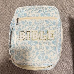 SHEIN Light Blue Floral Bible Cover with Gold-Outlined Lettering